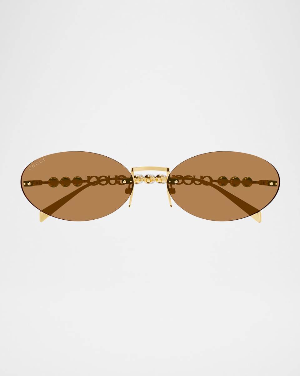 Rimless Metal Oval Sunglasses with Faux Pearls
